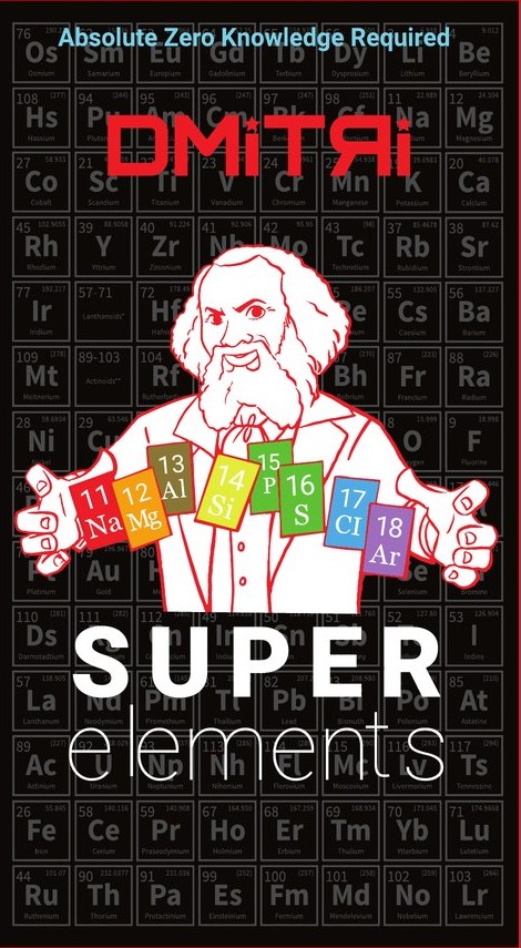 Dmitri box cover: Mendeleev holding element cards